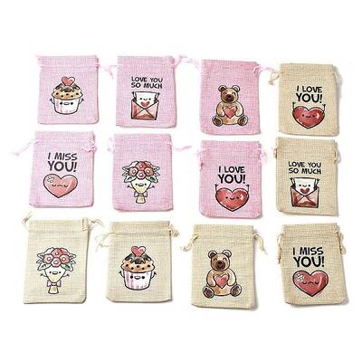 12Pcs 12 Styles Valentine's Day Printed Rectangle Burlap Cloth Packing Pouches
