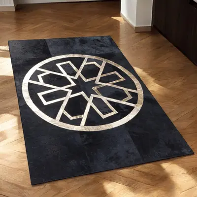 Gold Geometric Design Black Cowhide Patchwork Rug