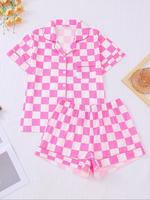 Women's Plaid Print Short Sleeve Pajama Two-piece Set, Casual Comfy Shortsleeve Button Up Shirt & Elastic Waist Shorts Pj Set...