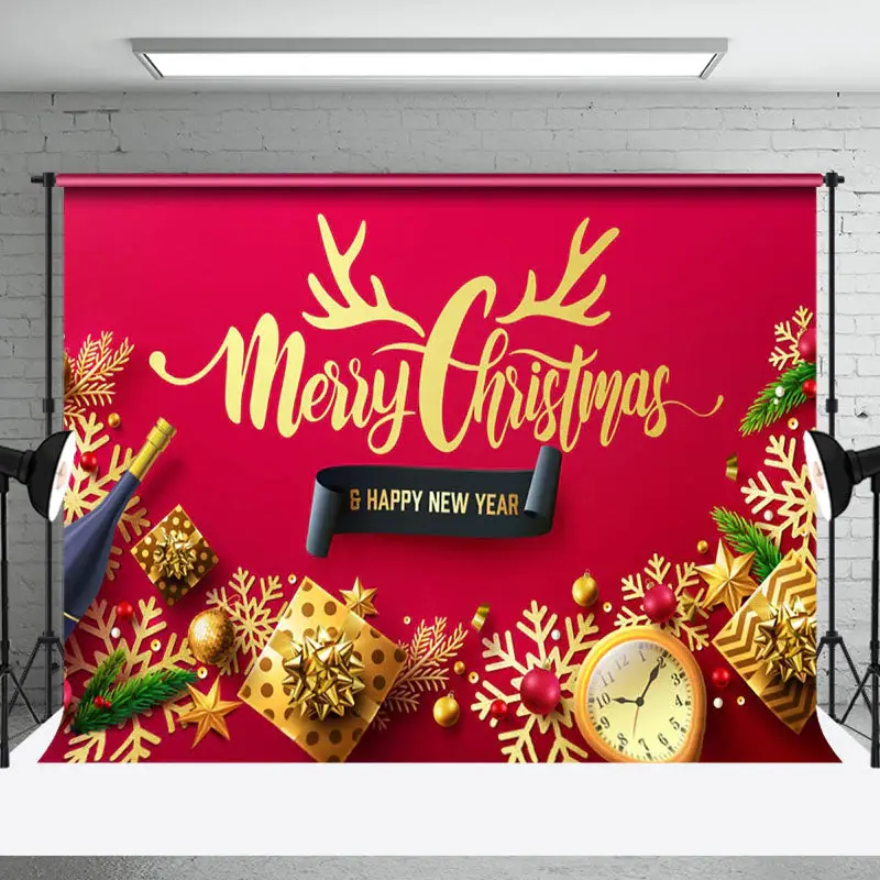 Aperturee Gold Gifts Merry Christmas Happy New Year Backdrop - Aperturee