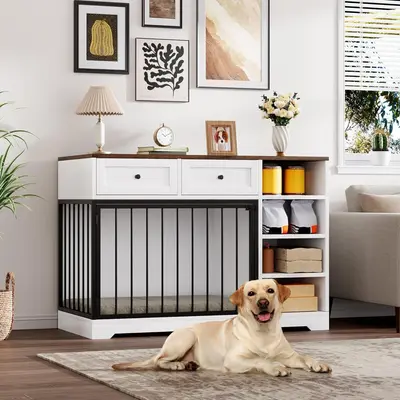 Garvee 47 Dog Crate Furniture Indoor with 2 Drawers & 4 Shelves, Large Dogs Kennel Furniture TV Stand, Wooden Dog Cage for L...