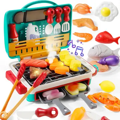 Kids BBQ Grill Toy Set with Smoke & Light, Interactive Barbecue Cooking Playset for Toddlers 3-5, Includes Hamburger, Sound E...