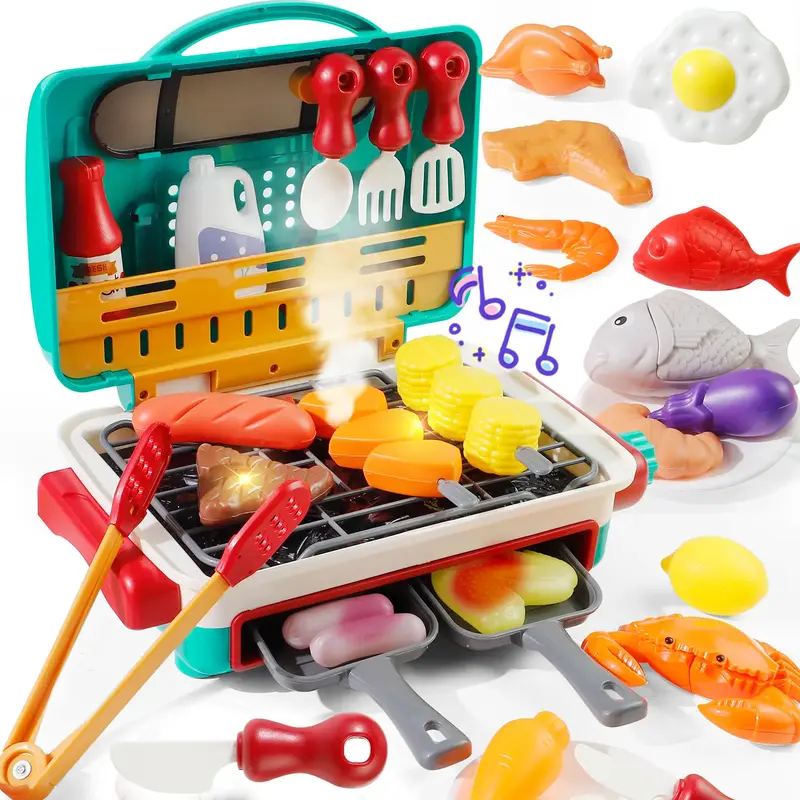 Kids BBQ Grill Toy Set with Smoke & Light, Interactive Barbecue Cooking Playset for Toddlers 3-5, Includes Hamburger, Sound E...