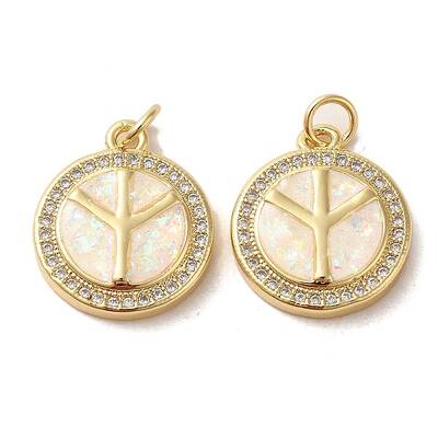 Flat Round with Peace sign & Tower Brass Micro Pave Cubic Zirconia with Synthetic Opal Pendants