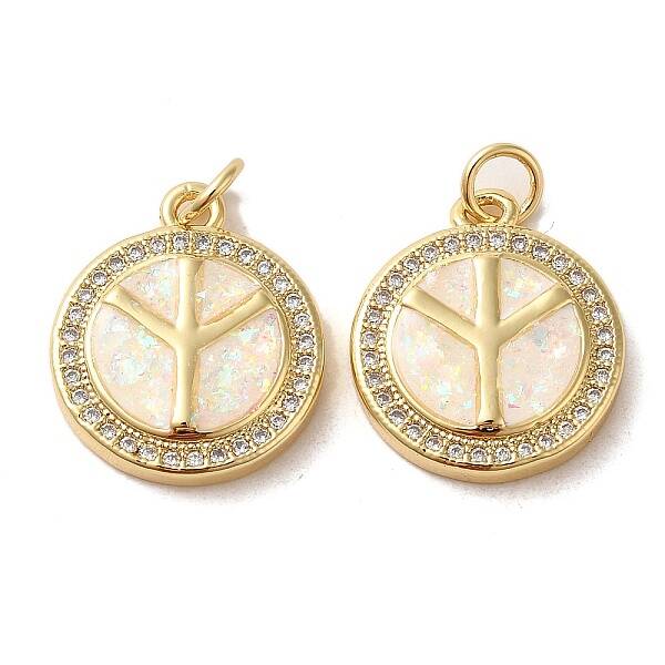 Flat Round with Peace sign & Tower Brass Micro Pave Cubic Zirconia with Synthetic Opal Pendants