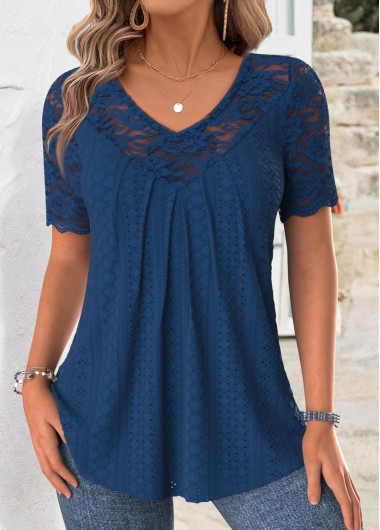 Modlily Navy Short Sleeve V Neck T Shirt - S