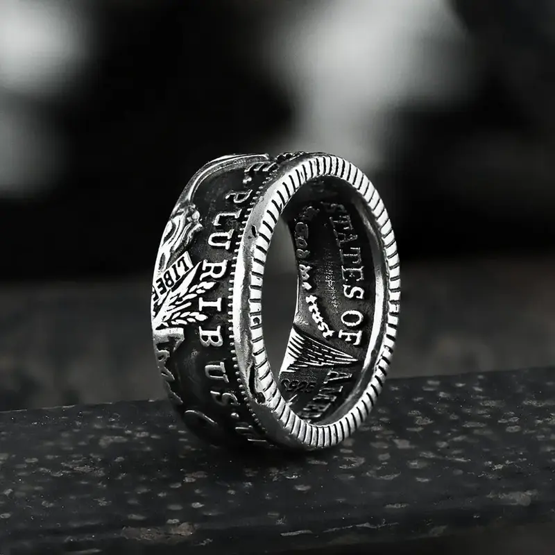 GTHIC 1896 Morgan Dollar Pattern Alloy Ring for Birthday Father's Day Gift Size 7-13 Durability