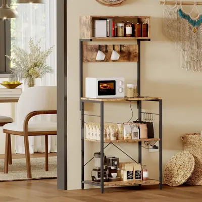 Garvee Kitchen Bakers Rack with Power Outlet, 4-Tier Storage, Ultra-Sturdy Metal Frame, 10 S-Hooks, Storage Shelf Rack Microw...