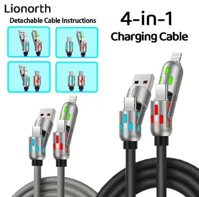 Lionorth 4-in-1 USB Detachable Charging Cable with USB-A, Type-C, and Lightning Connectors – Compatible with iPhone, iPad, ...