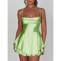 Multitrust Women Solid Color Cami Playsuits Cowl Neck Sleeveless Short Jumpsuits Summer Cross Tie-Up Backless Romper Clubwear...