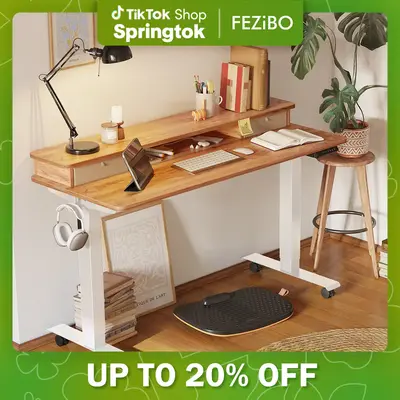 FEZIBO Height Adjustable Electric Standing Desk with Double Drawer, Stand Up Desk with Storage Shelf, Sit Stand Desk black st...
