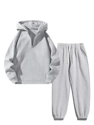 Men's Solid Zipper Two-piece Set, Casual Long Sleeve Hoodie & Drawstring Pocket Sweatpants for Fall Winter, Fashion Cozy Men'...