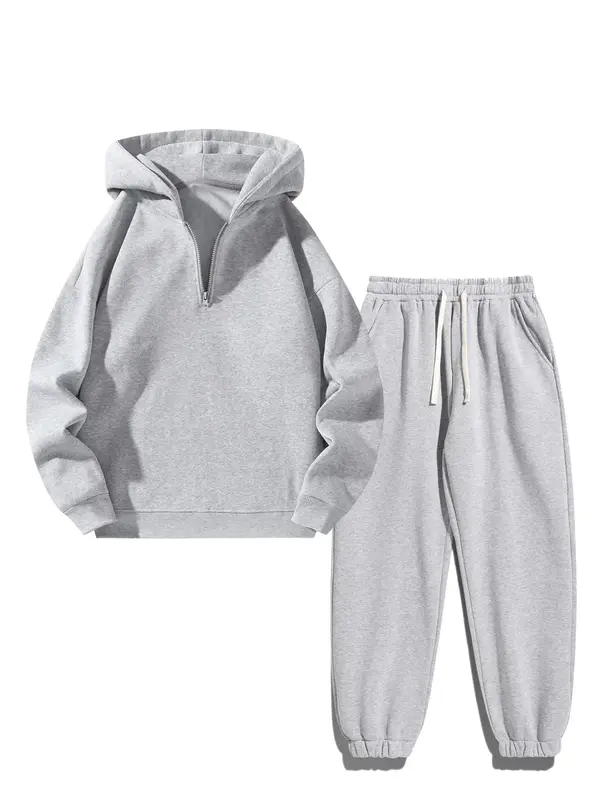 Men's Solid Zipper Two-piece Set, Casual Long Sleeve Hoodie & Drawstring Pocket Sweatpants for Fall Winter, Fashion Cozy Men'...