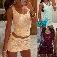 Women Sling  Short Skirt 2 Pieces Clothes Set, Spaghetti Straps Backless Shiny SequinsFit Summer Mini Set for Club Party, Lad...