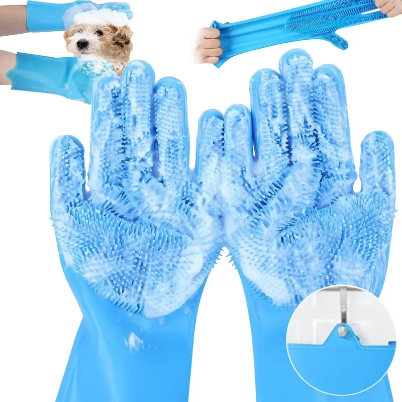 3 in 1 Thickened Pet Grooming Silicone Gloves (160g), 2 Counts/set Pet Bath Gloves, Heat Resistant Silicone Gloves with High-...