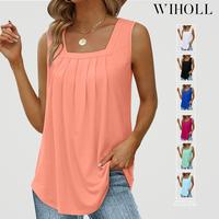 WIHOLL Summer Tank Tops for Women Loose Fit Pleated Square Neck Sleeveless Tops Curved Hem Flowy
