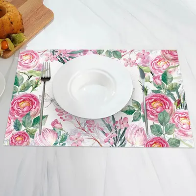 Pink Floral Green Leaf Nature Set Of 4 Placemats - Aperturee