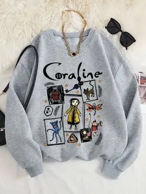 Women's Cartoon Coraline Graphic Print Crew Neck Sweatshirt, Casual Long Sleeve Pullover, Women's Fall & Winter Clothes for D...