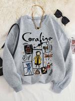 Women's Cartoon Coraline Graphic Print Crew Neck Sweatshirt, Casual Long Sleeve Pullover, Women's Fall & Winter Clothes for D...