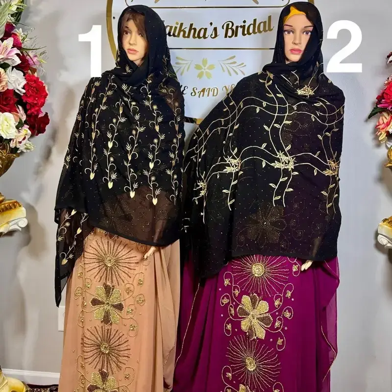 Classic Muslim Black Chiffon Embroidered Hijab Scarf for Elegant Outfits Parties Weddings Birthdays Daily Wear