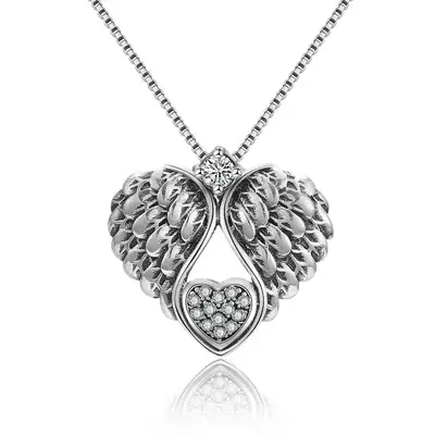 Sterling Silver Cubic Zirconia Angel Wing & Heart Pendant Necklace