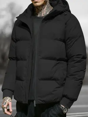 Men's Solid Pocket Drawstring Hooded Winter Coat, Regular Fit Casual Long Sleeve Zip Up Outerwear for Fall & Winter, Men's Cl...