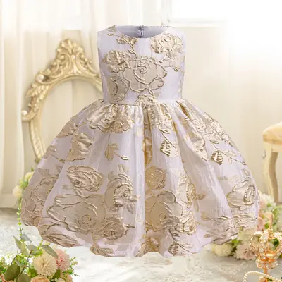 Toddler Kid Girl Gold Floral Jacquard Princess Dress Sleeveless Bubble Lantern Knee Dress ZT-4088