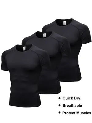 Men's Solid Stitching Round Neck Sports Tee, Sporty Quick Dry Compression Shirts, Summer Outfits 2024, Sport & Outdoor Clot...