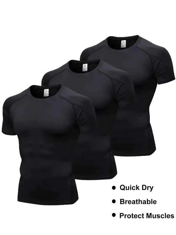 Men's Solid Stitching Round Neck Sports Tee, Sporty Quick Dry Compression Shirts, Summer Outfits 2024, Sport & Outdoor Clot...