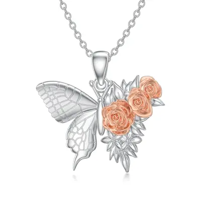 Sterling Silver Two-tone Butterfly & Rose Necklace for Women