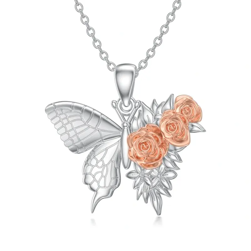 Sterling Silver Two-tone Butterfly & Rose Necklace for Women
