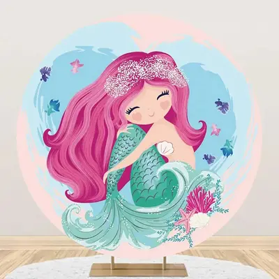 Pink Hair Mermaid Fish Circle Girl Birthday Backdrop - Aperturee