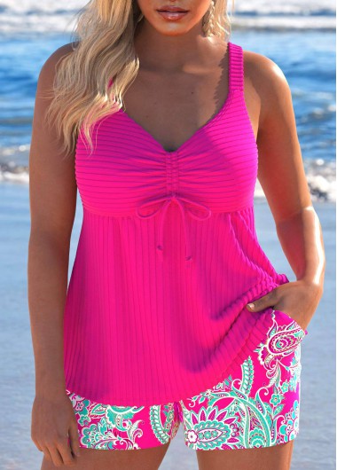 Modlily Drawstring Paisley Print Hot Pink Tankini Set - S