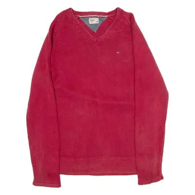 TOMMY HILFIGER Womens Jumper Red V-Neck Tight Knit XL