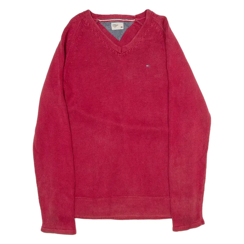 TOMMY HILFIGER Womens Jumper Red V-Neck Tight Knit XL