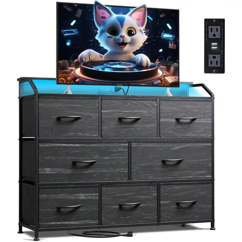 WLIVE Led Dresser, TV Stand for Bedroom with LED Lights and Power Outlet, Wide Chest of Drawers with 8 Fabric Drawers, Modern...