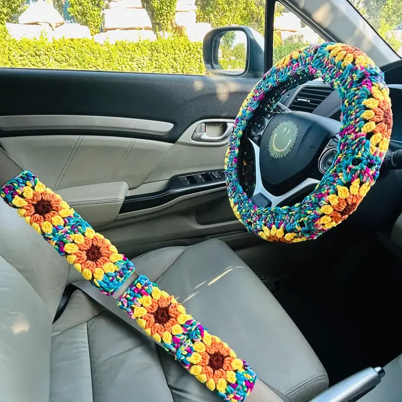 1 Set Sunflower Pattern Car Steering Wheel Cover, Crochet Seat Belt Cover, Car Interior Decoration Cover for Steering Wheel