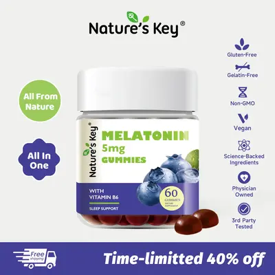 Nature's Key Melatonin Gummies for Adults, 5mg Dose Gummy with Vitamin B6, Non-GMO,Gluten-Free-Natural Blueberry Flavor 60 Co...