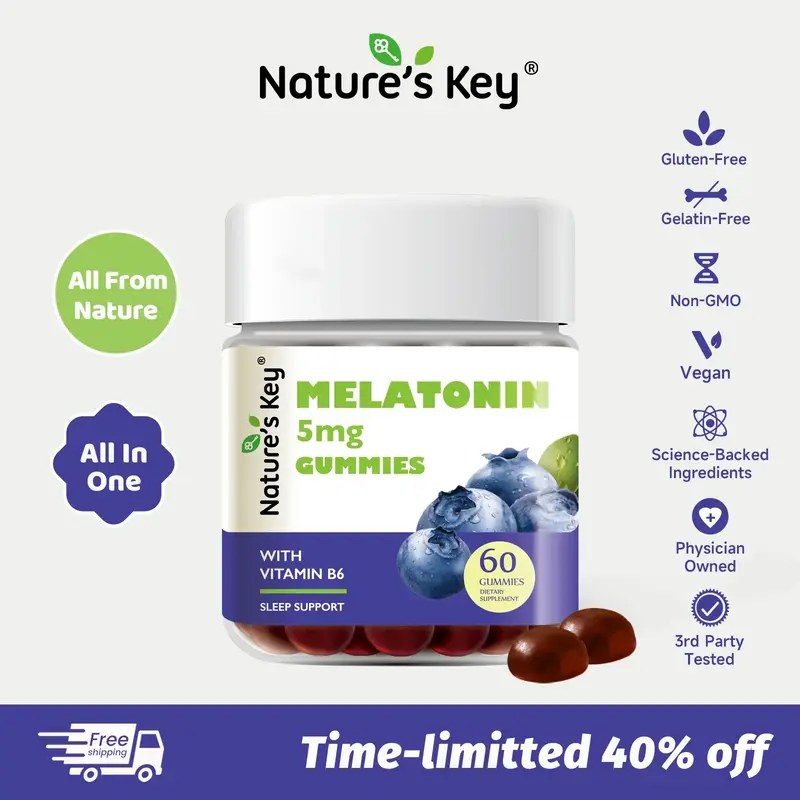 Nature's Key Melatonin Gummies for Adults, 5mg Dose Gummy with Vitamin B6, Non-GMO,Gluten-Free-Natural Blueberry Flavor 60 Co...