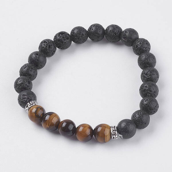 Natural Lava Rock and Natural Tiger Eye Beads Stretch Bracelets