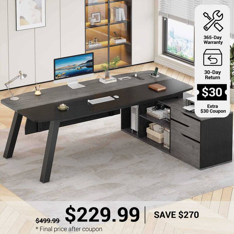 SEDETA | 71 Inch Executive Desk with File Cabinet L Shaped Computer Desk with Power Outlets Office Desk with Drawers and Shel...