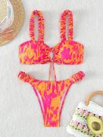 Women's All Over Print Bikini Sets, Chic Drawstring Padded Swim Top & Ruched High Cut Swim Bottom, Swimsuit for Women Summer ...