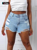 【plus Size】 Button Ripped High Waist Denim Shorts, Fitted Fashion Style Casual Fit Pocket Lightweight Shorts for Daily Ou...