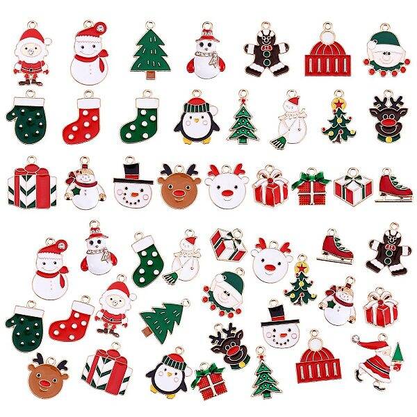 50Pcs 25 Style Christmas Alloy Enamel Pendants