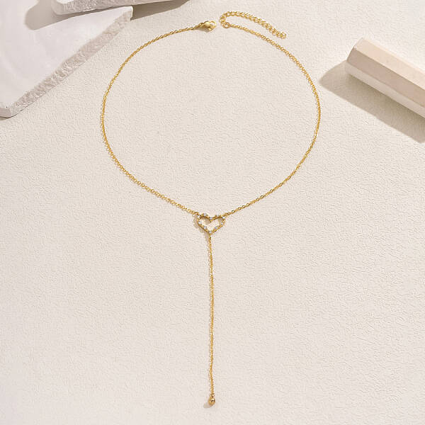 Elegant Y-shaped Hollow Heart Brass Cubic Zirconia Pendant Long Necklace for Women Parties and Events