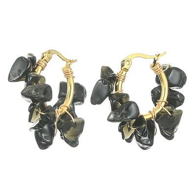 Natural Obsidian Chips Braided Hoop Earrings
