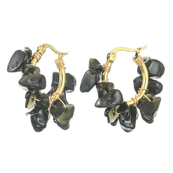 Natural Obsidian Chips Braided Hoop Earrings