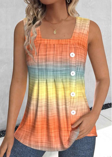 Modlily Orange Button Ombre Sleeveless Square Neck Tank Top - XXL