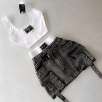 women 2 peice  matching sets women 2 peice new fashion straps casual multiple pockets denim skirt sets goth womens versatile ...