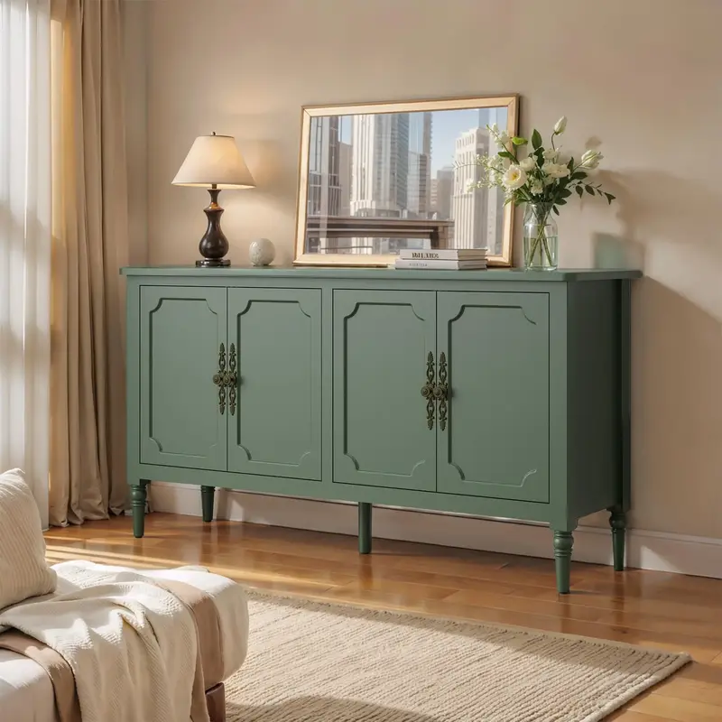 RoyalCraft Console Table, Accent Storage Cabinet with Artistic Carved Handle, Wood Credenza Buffet Sideboard with 4 Doors,Mod...